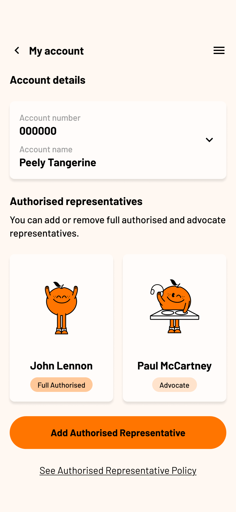 My account screen showing account details and authorised representatives