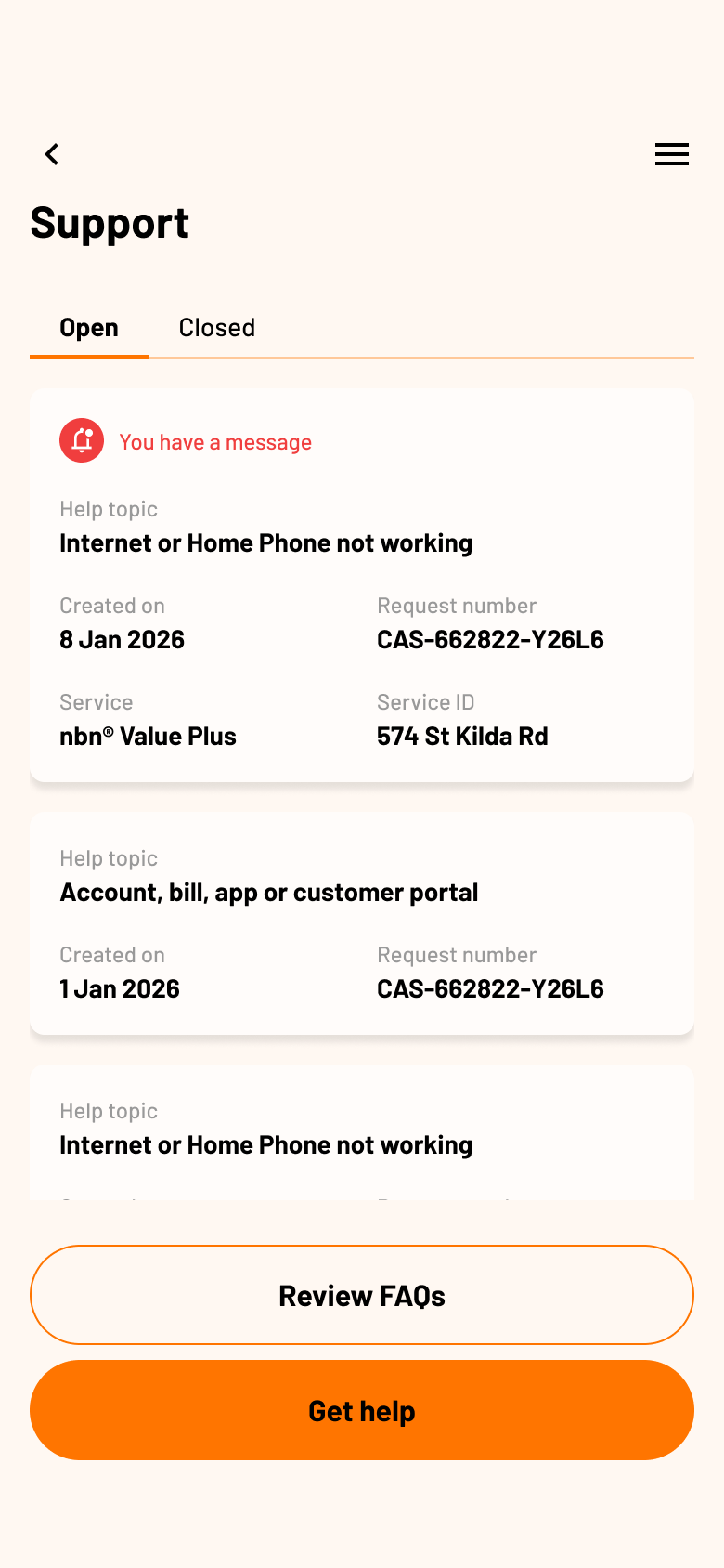 Support screen showing open help requests