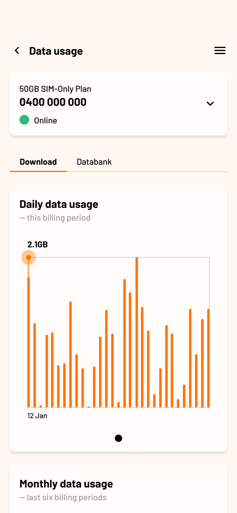 Data usage screen showing daily and monthly usage charts